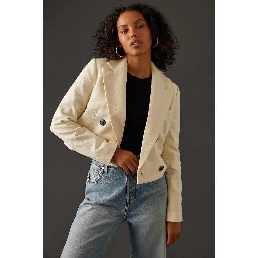 Anthropologie Maeve Cropped Double-Breasted Blazer Jacket Stretch Beige Women XS